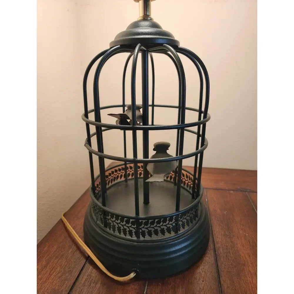 Vintage 1960s Steel Rod Hunter Green Birdcage Table Lamp 2 Stylized Birds